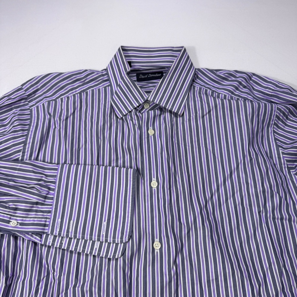 David Donahue Mens 17 34/35 Dress Shirt Purple Striped Cotton French Cuff Formal